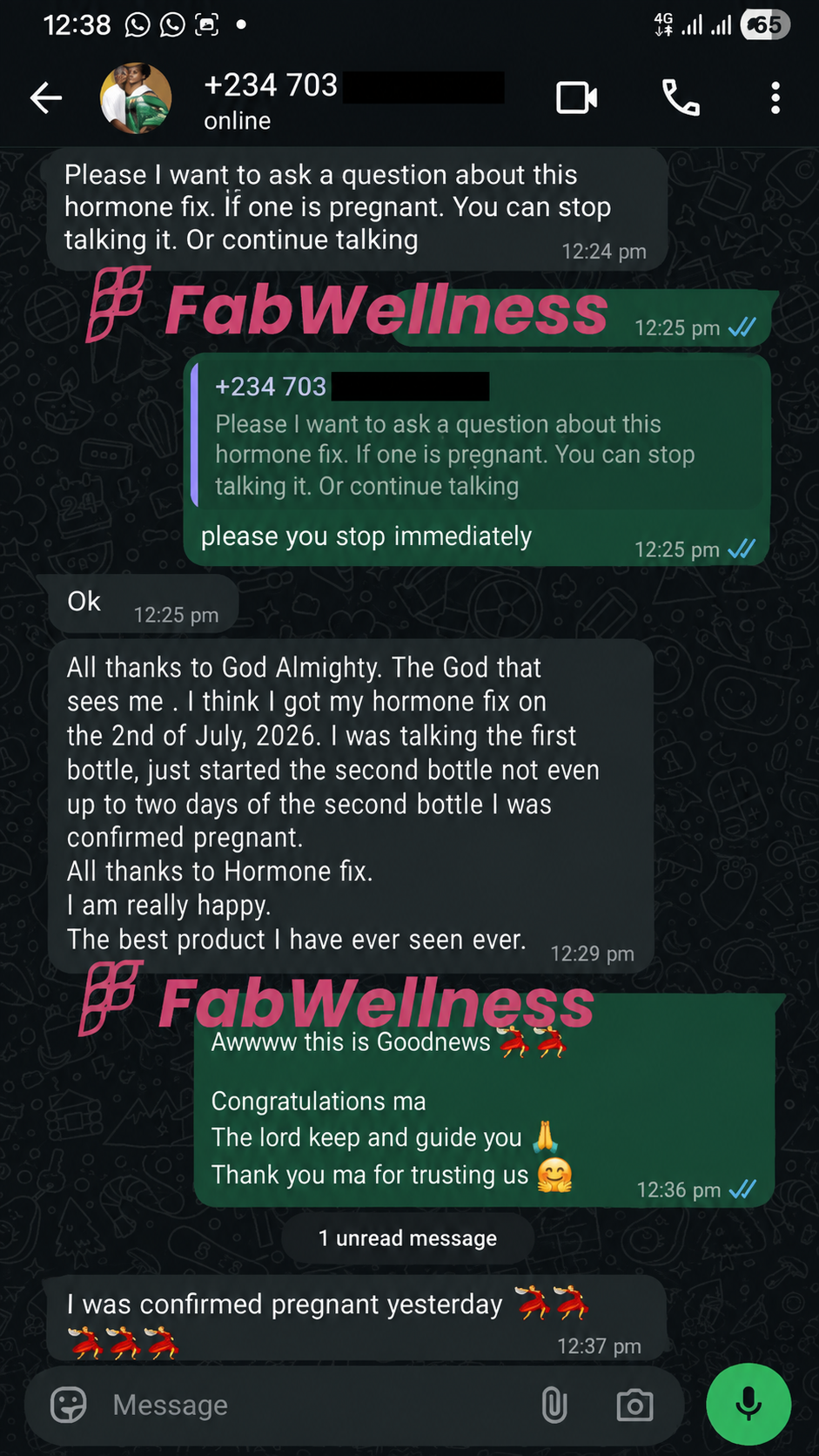 Customer WhatsApp testimonial — confirmed pregnant on second bottle