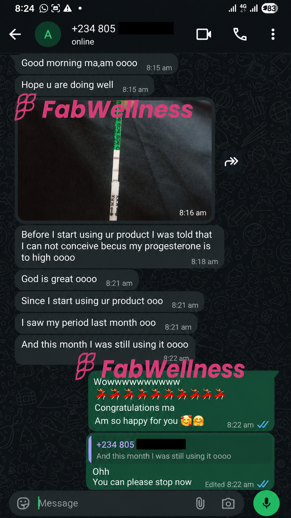 Customer WhatsApp testimonial — progesterone and period return