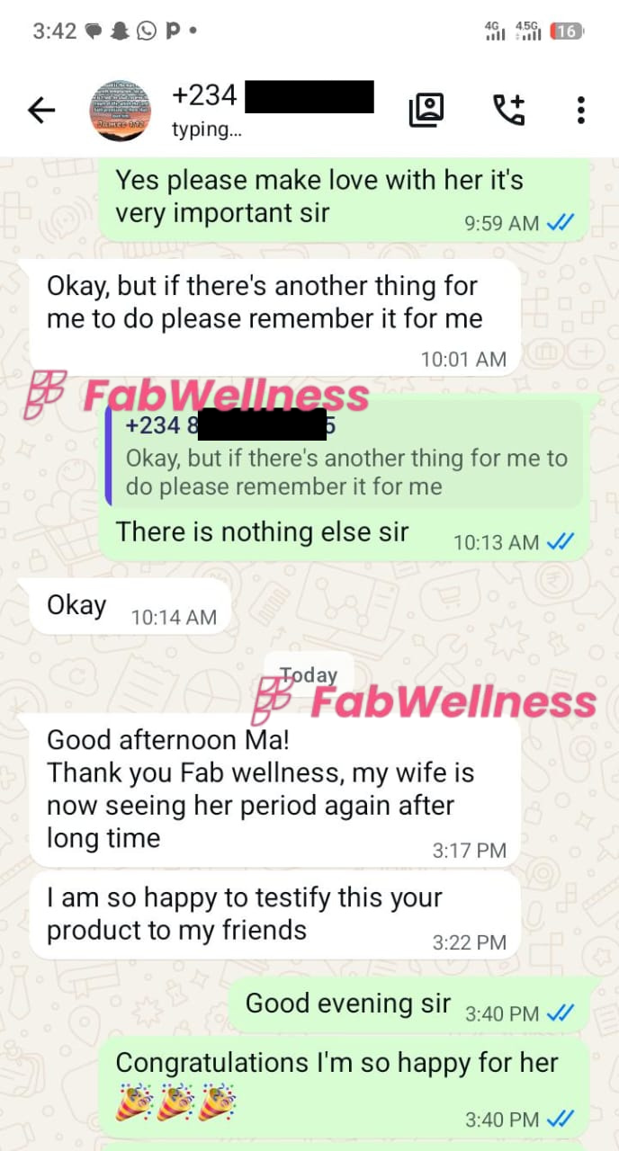Customer WhatsApp testimonial — husband messages on wife's behalf