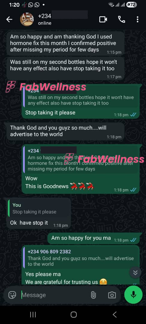 Customer WhatsApp testimonial — missed period, confirmed pregnant